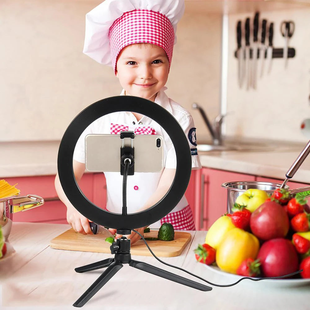 Anneau Lumineux LED Selfie 26cm 120 Perles avec Trépied — Kit Éclairage USB Vidéo