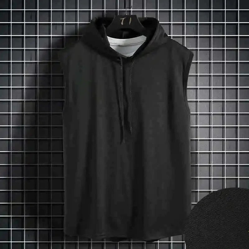 Hombres corbata cuello con capucha sin mangas chalecos masculino verano suelto sólido camiseta Hip Hop tops