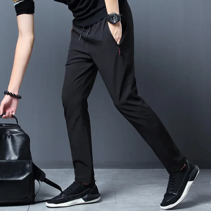 Pantalon décontracté homme stretch — coupe ajustée, taille élastique, style coréen, bleu, noir, gris, grande taille