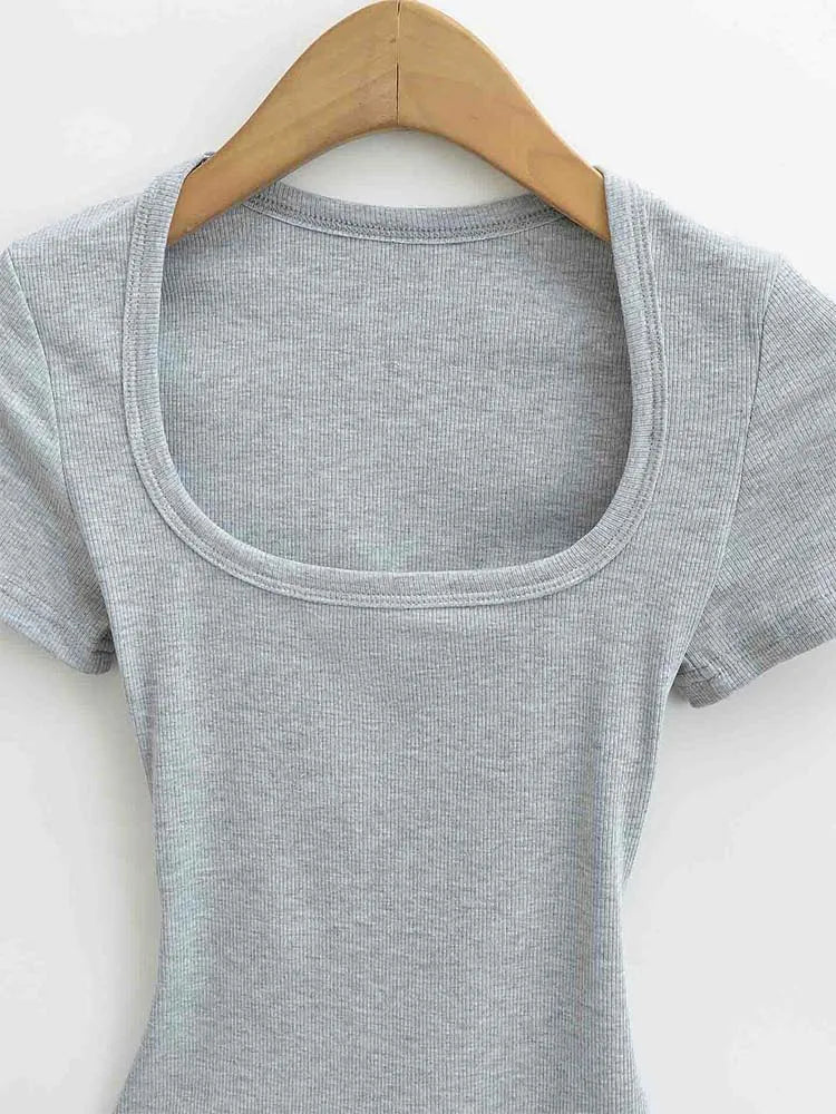 Haut Court Col Carré Femme — Coupe Cintrée, Extensible, Manches Courtes, Sexy Été