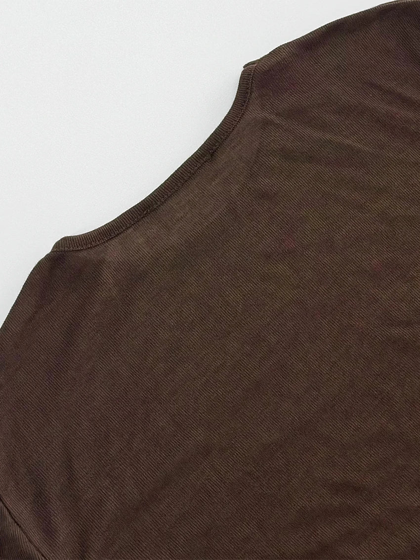 T-shirt femme mince marron 2026 — décontracté, col rond, manches longues, élégant, simple