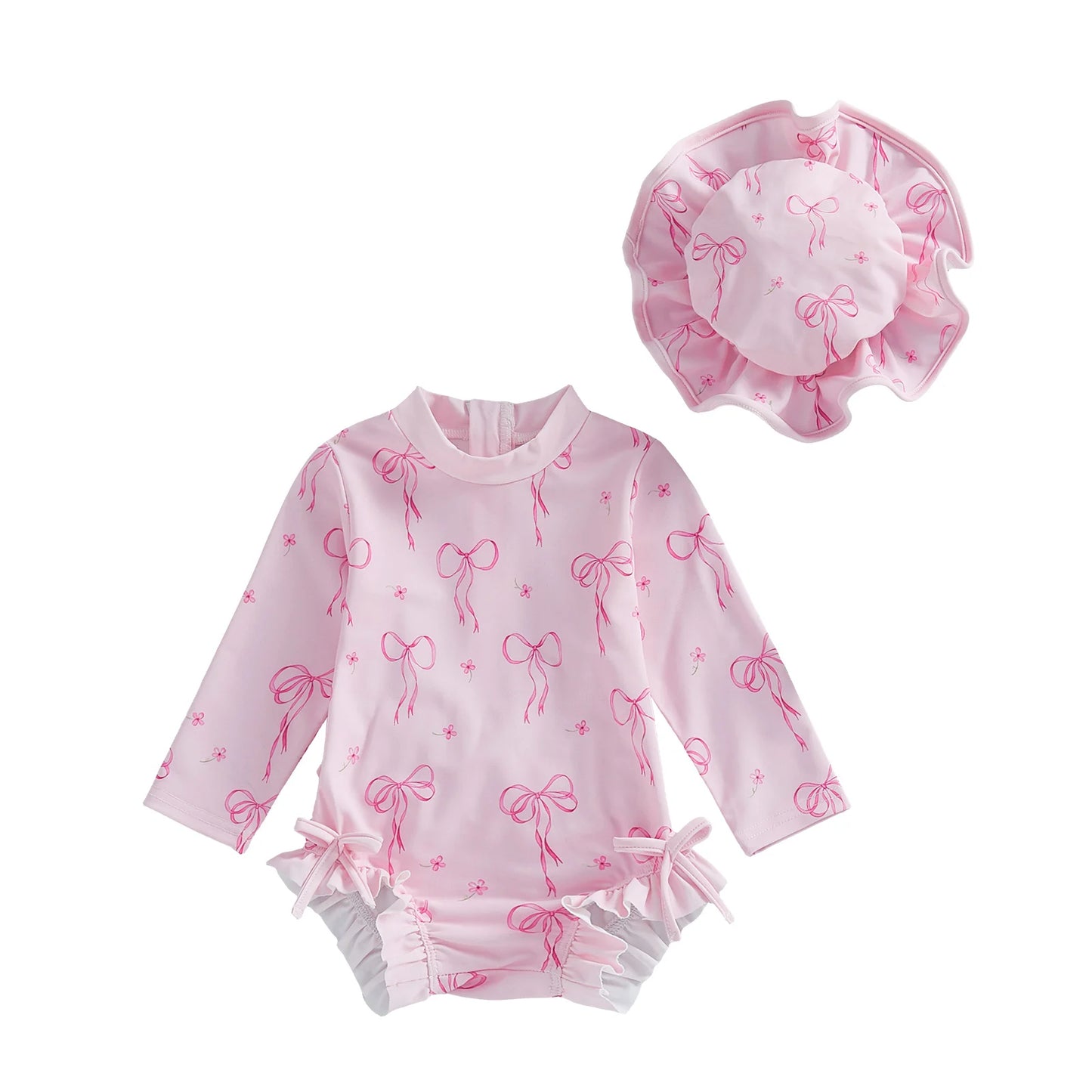 Maillot de bain pour bébé fille, protection contre les éruptions cutanées, imprimé nœud, à volants, manches longues, col rond, vêtements de plage, combinaison et chapeau, ensemble 2 pièces