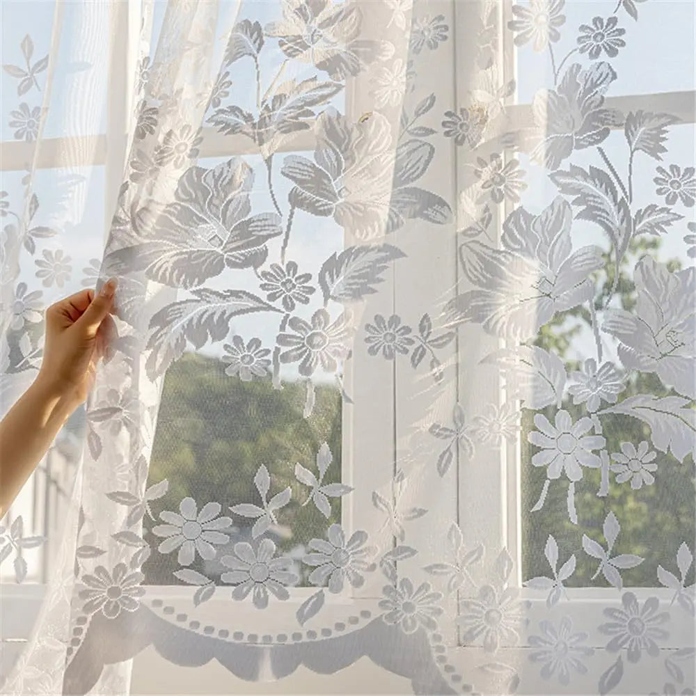 Rideau triangulaire transparent à fleurs blanches, demi-rideau pour petite fenêtre de cuisine, drapé de poche pour tringle de décoration de pays français