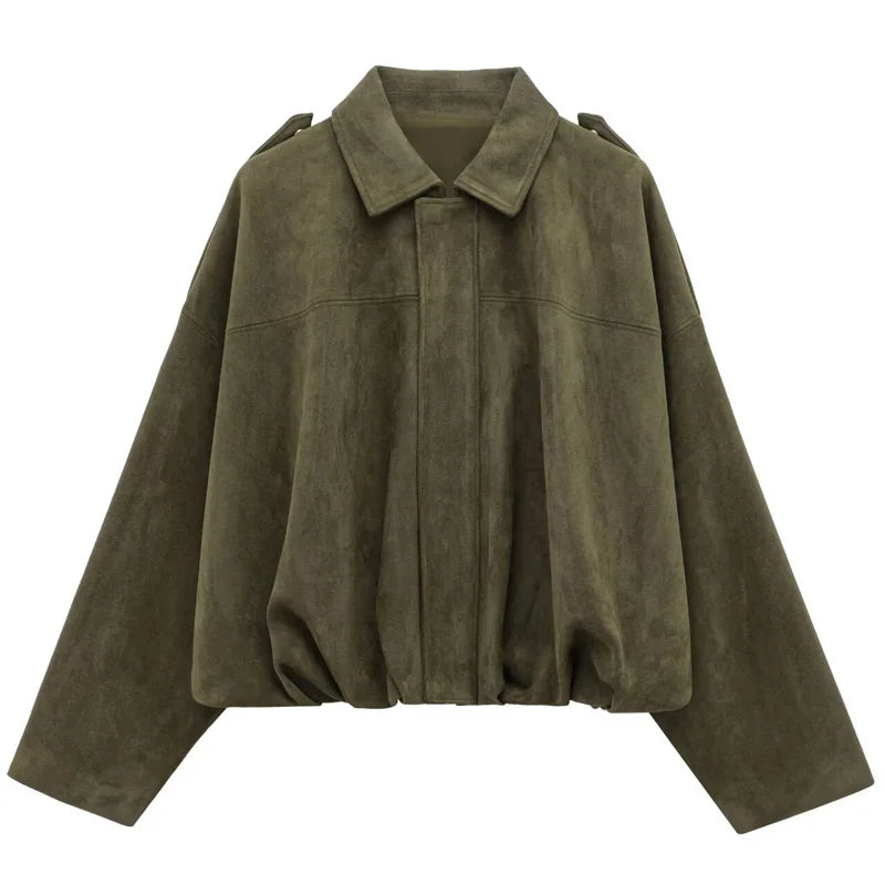 Veste bomber femme en daim — revers, fermeture éclair, manches longues, recadrée, 2025