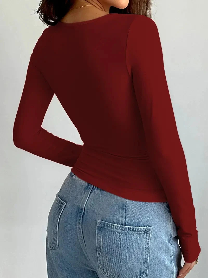 T-shirt décontracté à col rond uni et manches longues pour l'été 2026, idéal printemps et automne, vêtements pour femmes