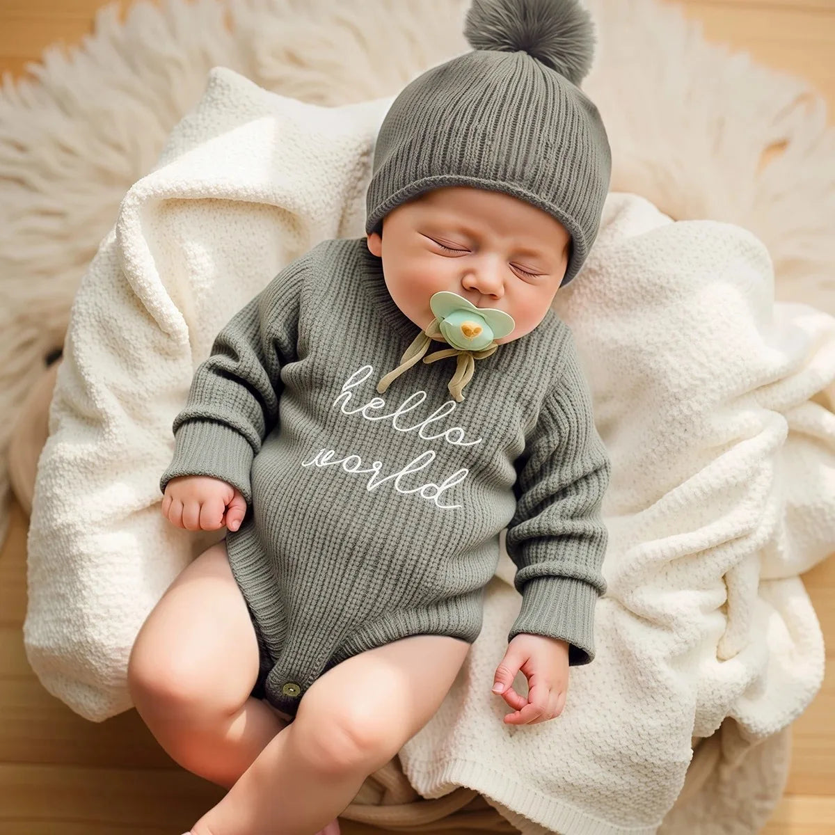 Barboteuse tricotée pour nouveau-né — chapeau à pompon, pull bébé garçon et fille, séance photo HD (v5)
