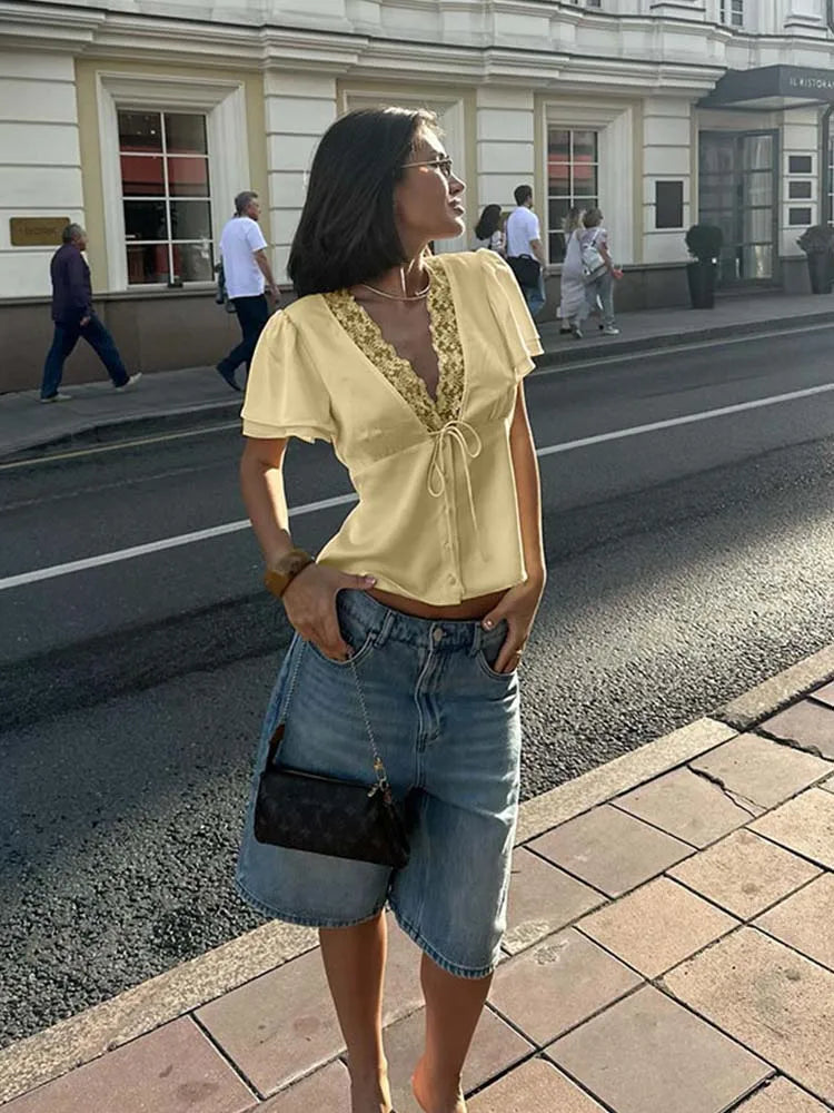 Ahagaga décontracté haut pour femme solide dentelle col manches courtes Satin mince bouton régulier Eelgant Streetwear t-shirts femme basique t-shirts