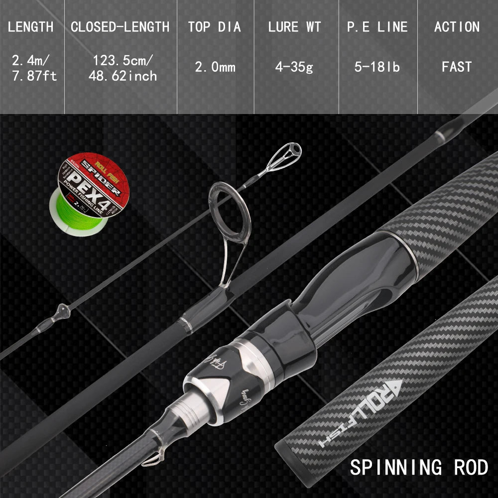 ROLLFISH canne à pêche Baitcasting en Fiber de carbone de haute qualité puissance moyenne-eau salée eau douce comprend une ligne tressée gratuite de 100 m