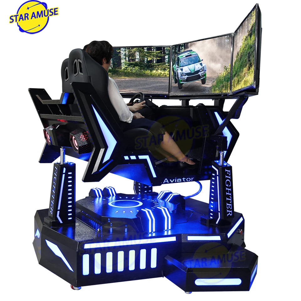 Machine de course VR intérieure à 3 écrans, simulateur 2 places 3 DOF avec volant en métal, simulateur de conduite de jeu de voiture de course à trois axes