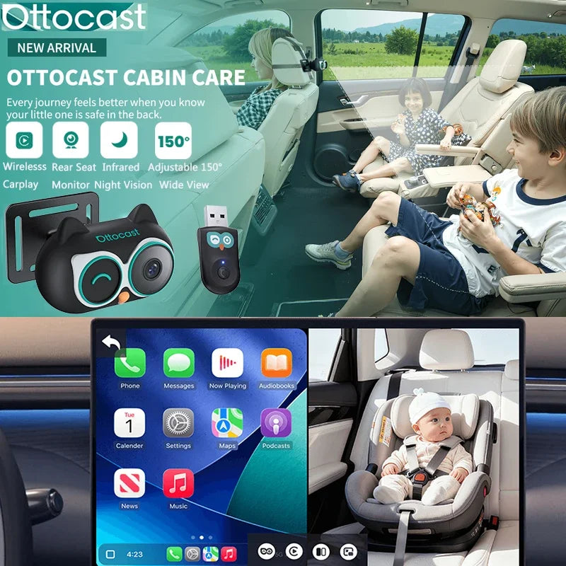 Adaptateur CarPlay Sans Fil Caméra Bébé — 1080P 150° Vision Nocturne Grand Angle