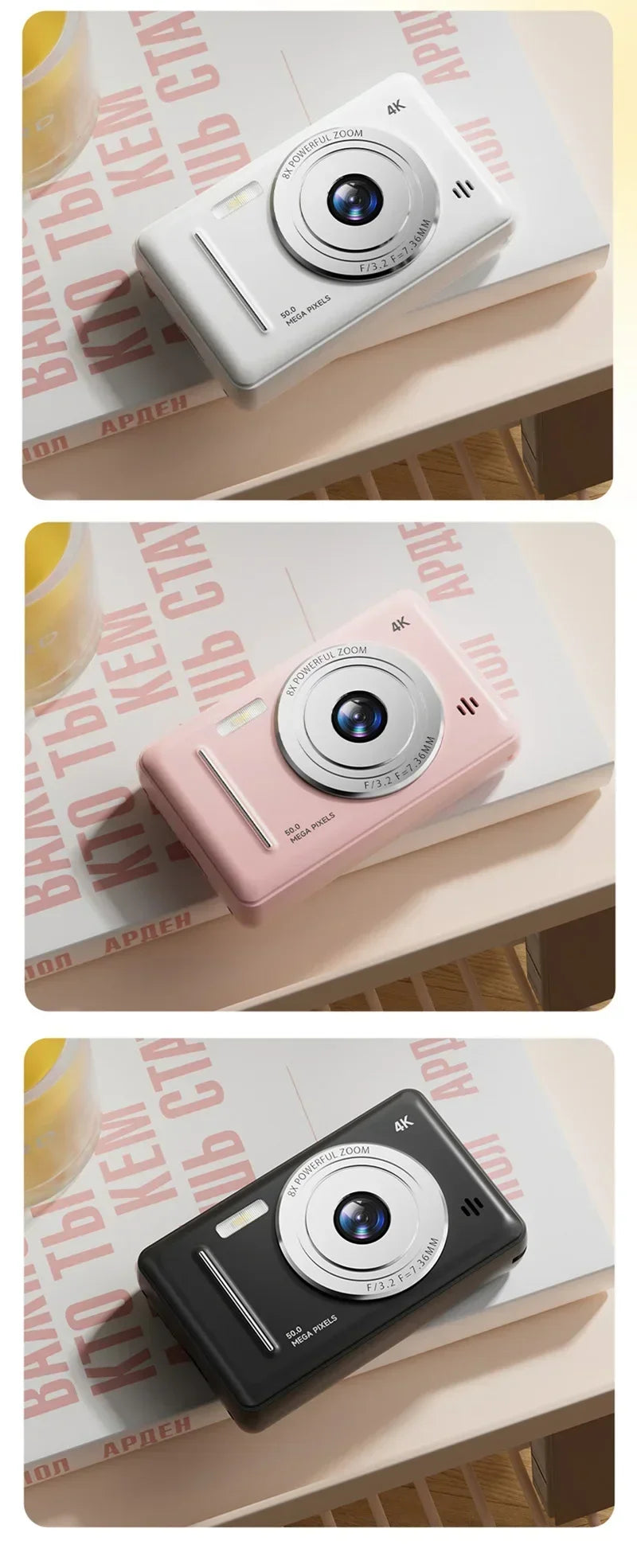 Appareil photo numérique rétro CCD portable — double caméra, flash, 50 MP, mise au point automatique