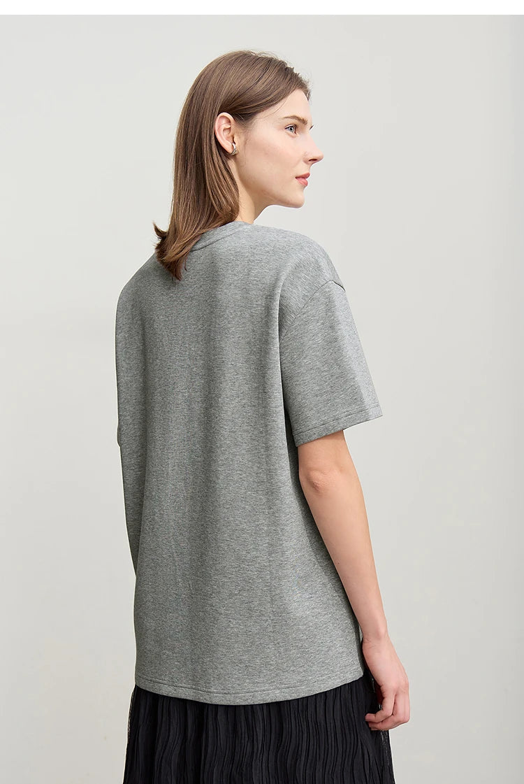 T-shirt femme 2026 — col rond, perle tridimensionnelle, fleur, diamant, tricot, ample