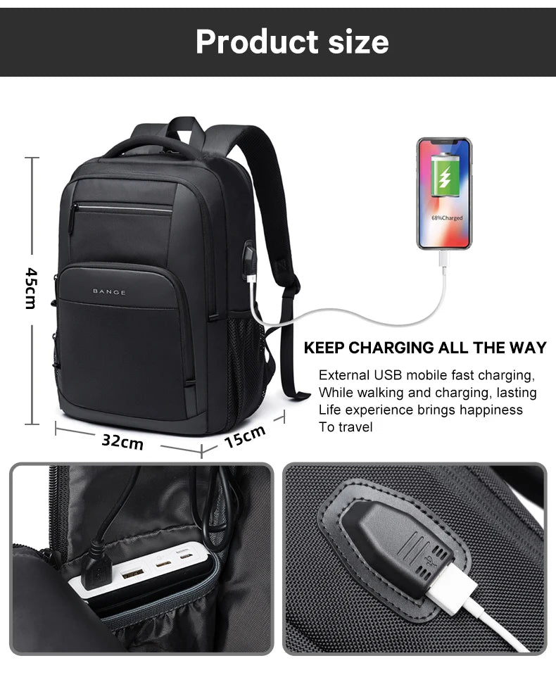 BANGE léger 15.6 pouces sac à dos pour ordinateur portable étanche USB Port de Charge multifonctionnel voyage randonnée sac d'école Mochila pour hommes