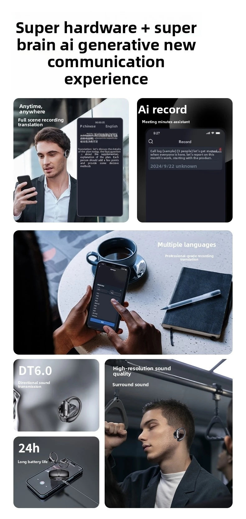 Lenovo XT80 – Auriculares deportivos inalámbricos, con micrófonos, control de botón, pantalla de alimentación LED, sonido estéreo de alta fidelidad, auriculares con traductor de IA