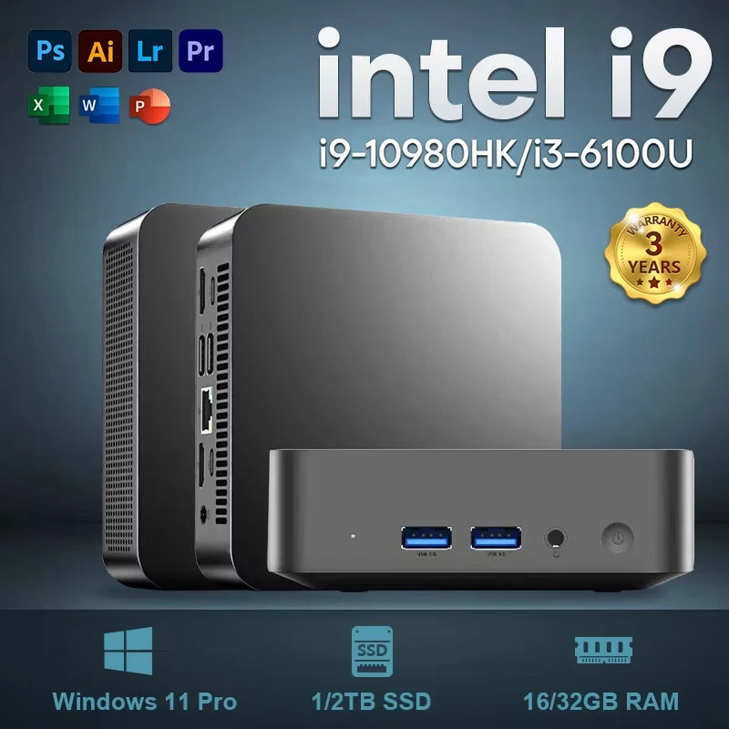 Mini PC Gaming Intel Core i9-10980HK / i3-6100U Windows 11 — 16/32 Go RAM, SSD 256Goà 2To, WiFi 6, 4K