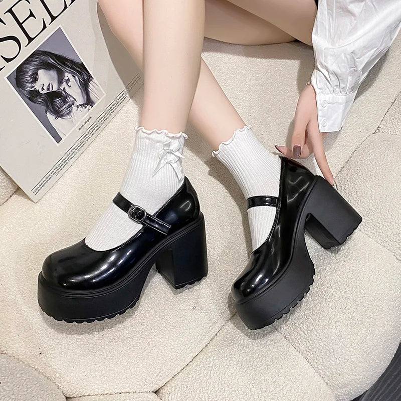 Chaussures Mary Jane noires à talons très hauts pour femme 2026, escarpins gothiques à plateforme épaisse, grande taille, avec boucle de cheville, chaussures de soirée Lolita 42
