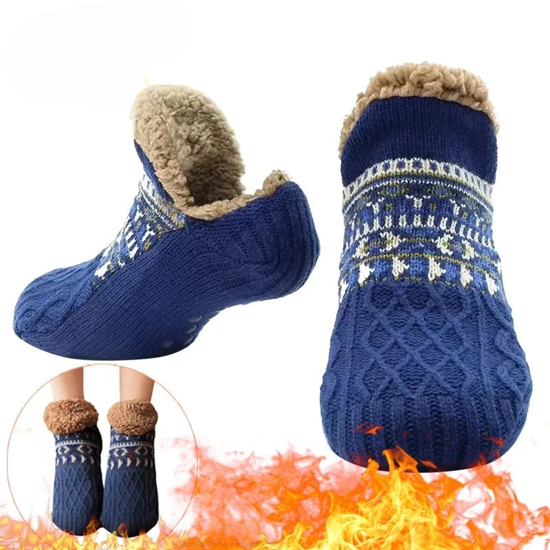 Calcetines antideslizantes para el suelo, súper cálidos, para mujeres y hombres, calcetines de nieve, alfombras para dormir, pantuflas, botas de terciopelo, ropa de casa