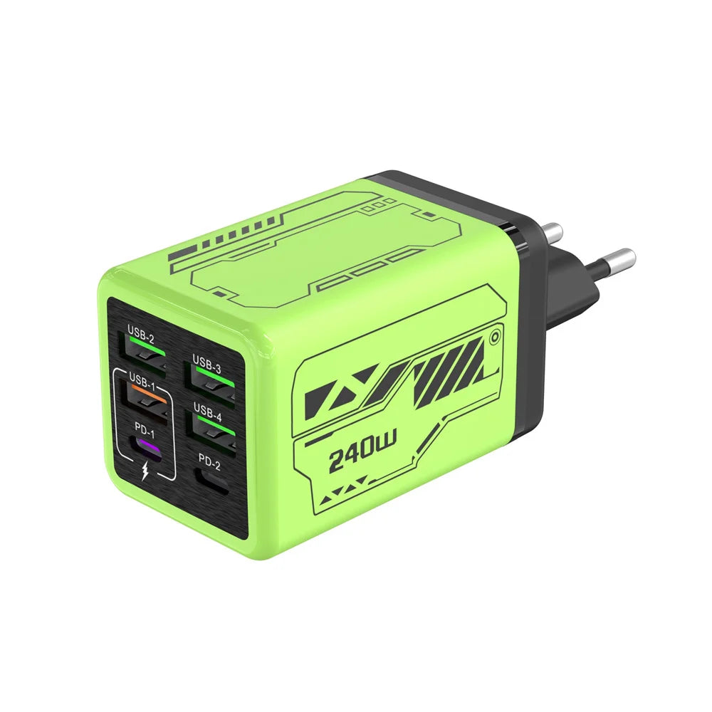 Chargeur USB 240W 6 ports charge rapide — adaptateur mural de voyage, prise EU/US/UK, Type C PD