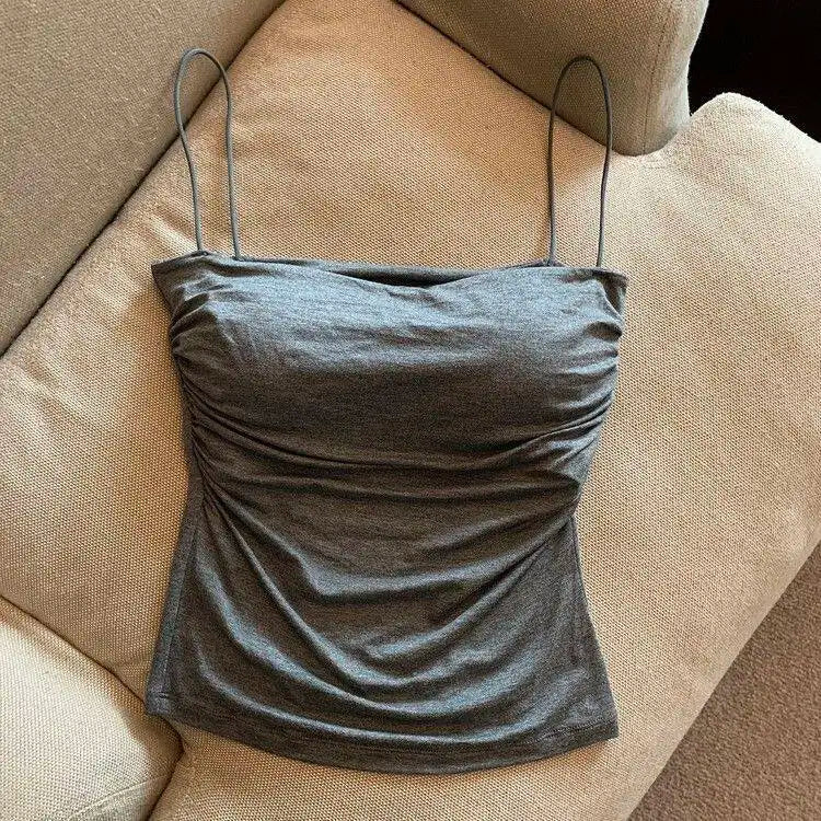 Débardeur plissé sans manches pour femme, coupe ajustée, style sexy, court, avec fines bretelles, couleur unie, simple et tendance