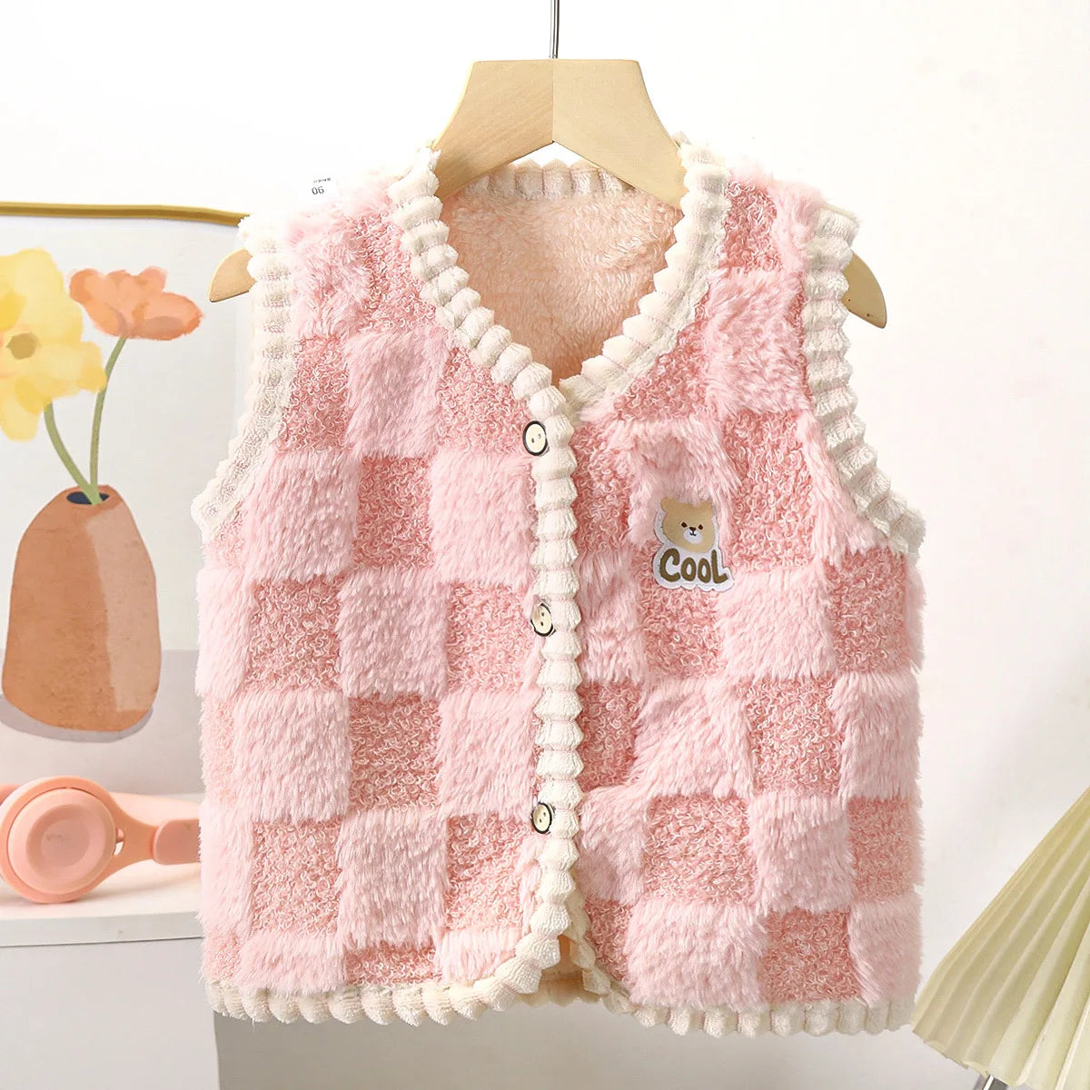 Manteau polaire pour enfants, Gilet chaud Double épaisseur, motif à carreaux, pour garçons et filles, vêtements d'extérieur sans manches, automne et hiver