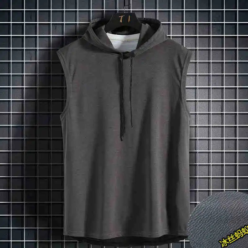 Hombres corbata cuello con capucha sin mangas chalecos masculino verano suelto sólido camiseta Hip Hop tops