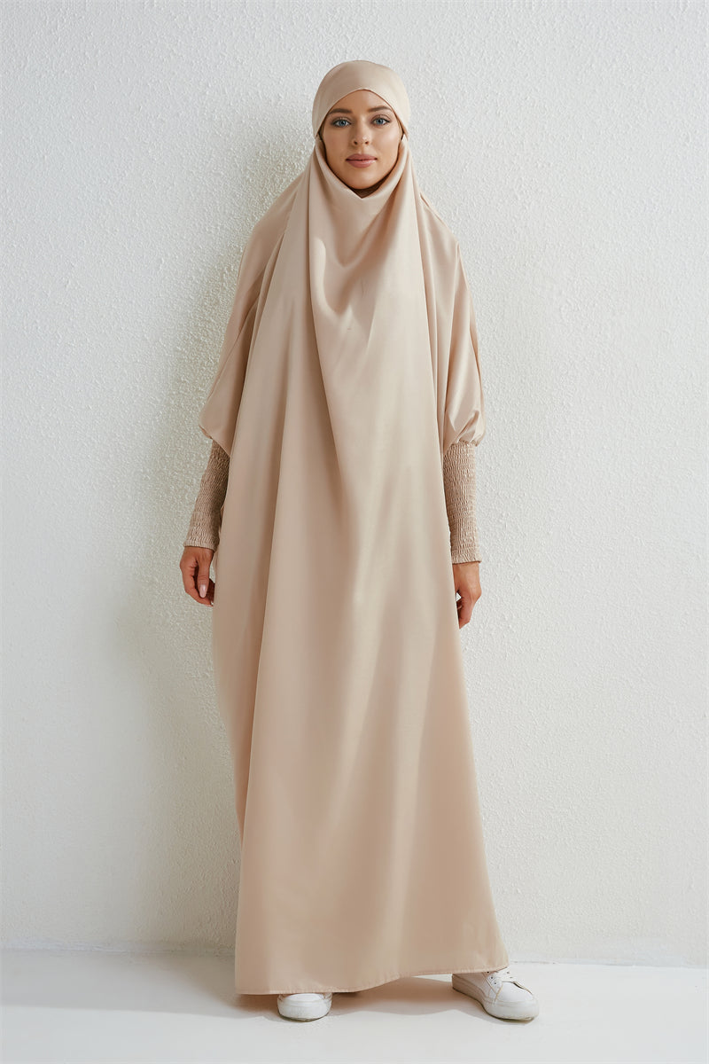 Abaya musulman à capuche manches smockées une pièce Robe de prière femmes Jilbab vêtements islamiques dubaï saoudien Robe noire modestie turque