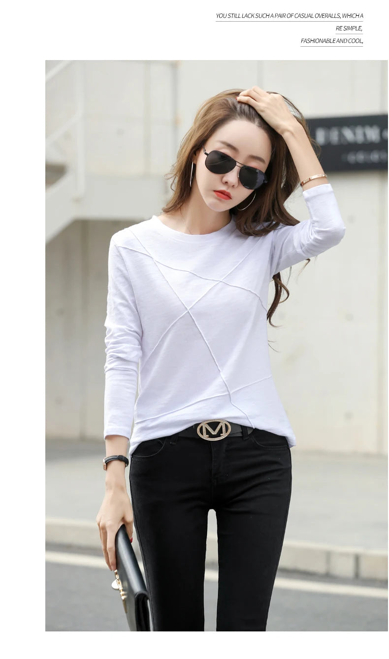 2026 printemps à manches longues femmes col rond bambou coton T-Shirt élégant ample côtelé mode T-Shirt dames Simple hauts
