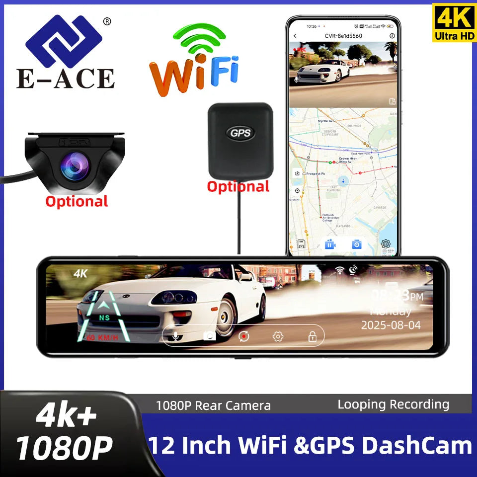 E-ACE A45P 4K WIFI GPS Coche DVR 12 Pulgadas Táctil IPS Pantalla Parque Retrovisor Opcional Cámara Trasera Dashcam Grabador de Vídeo