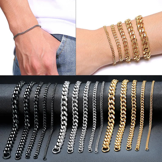 Bracelet gourmette en acier inoxydable 3-11mm — chaîne à maillons cubains, unisexe, bijoux cadeau