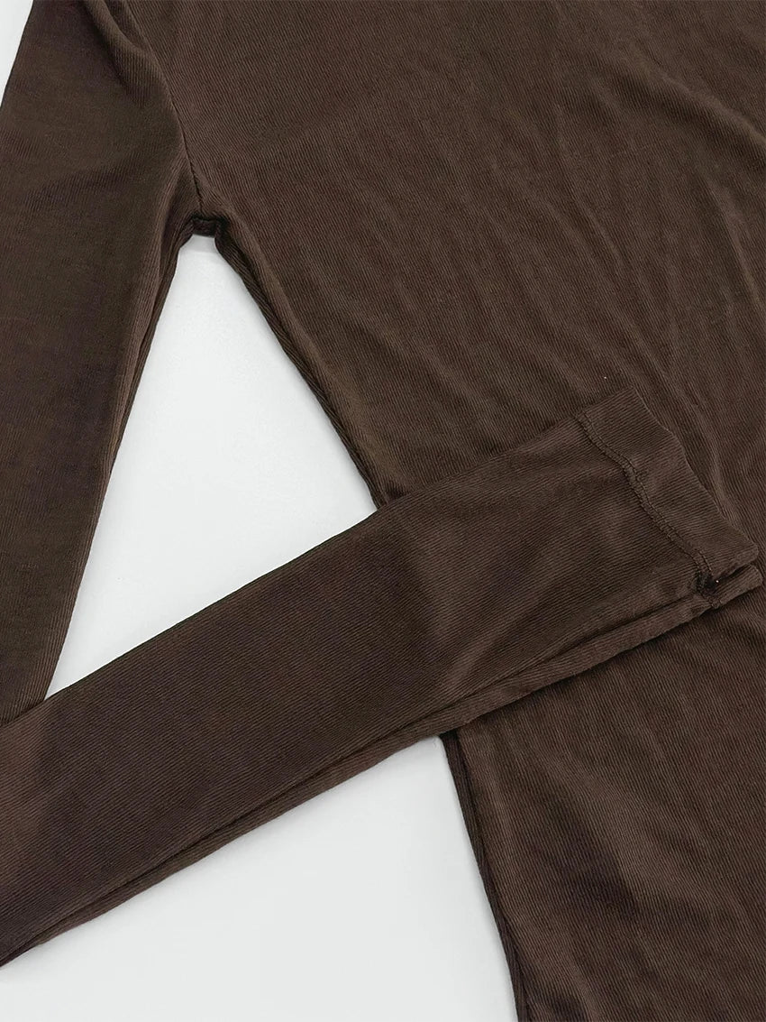 T-shirt femme mince marron 2026 — décontracté, col rond, manches longues, élégant, simple