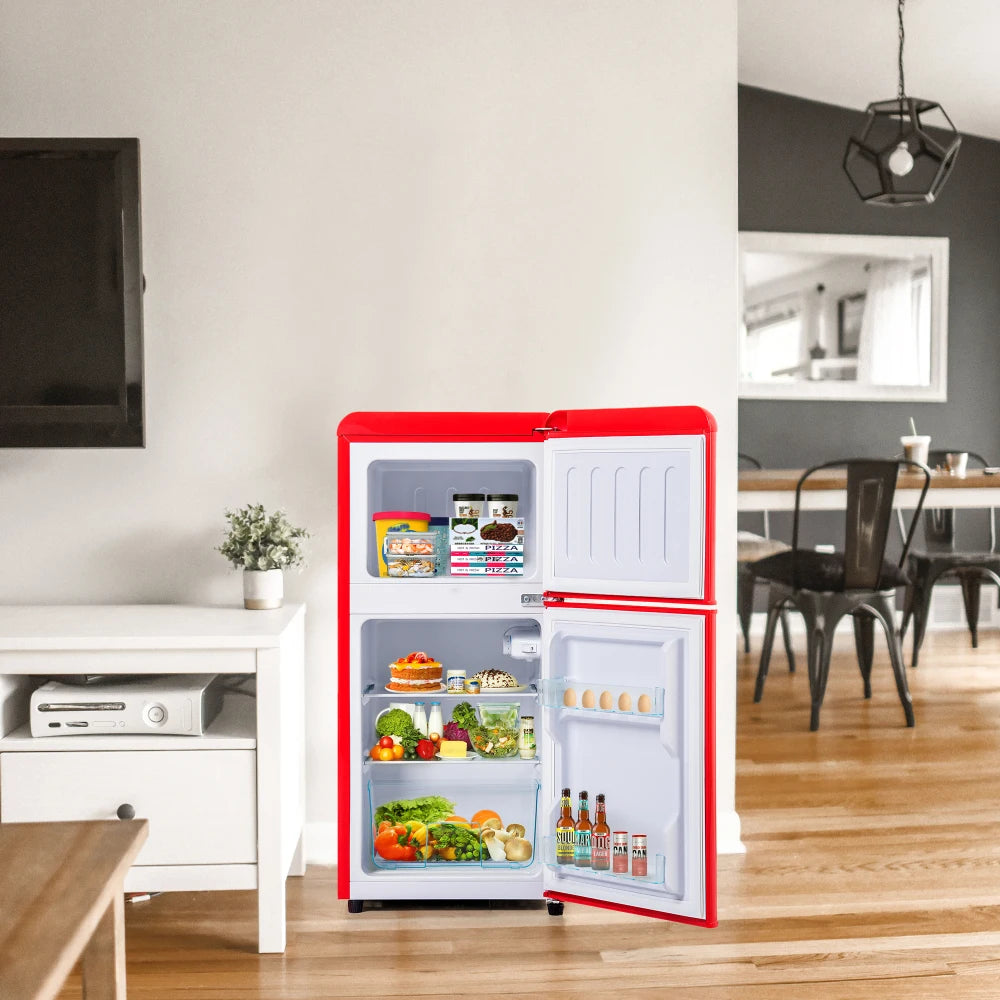 Frigorífico combi retro 45,5 cm de ancho, 2 puertas, 60 litros de volumen total, volumen de congelador 22 litros. 102 KWh/año,