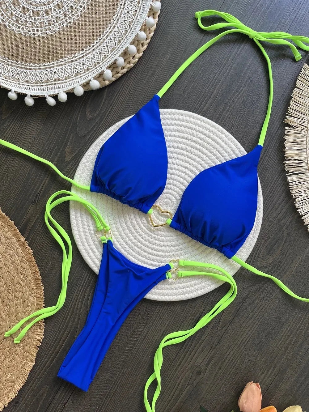 Ensemble bikini sexy dos nu couleur unie taille basse pour femme, maillot de bain deux pièces triangle string brésilien