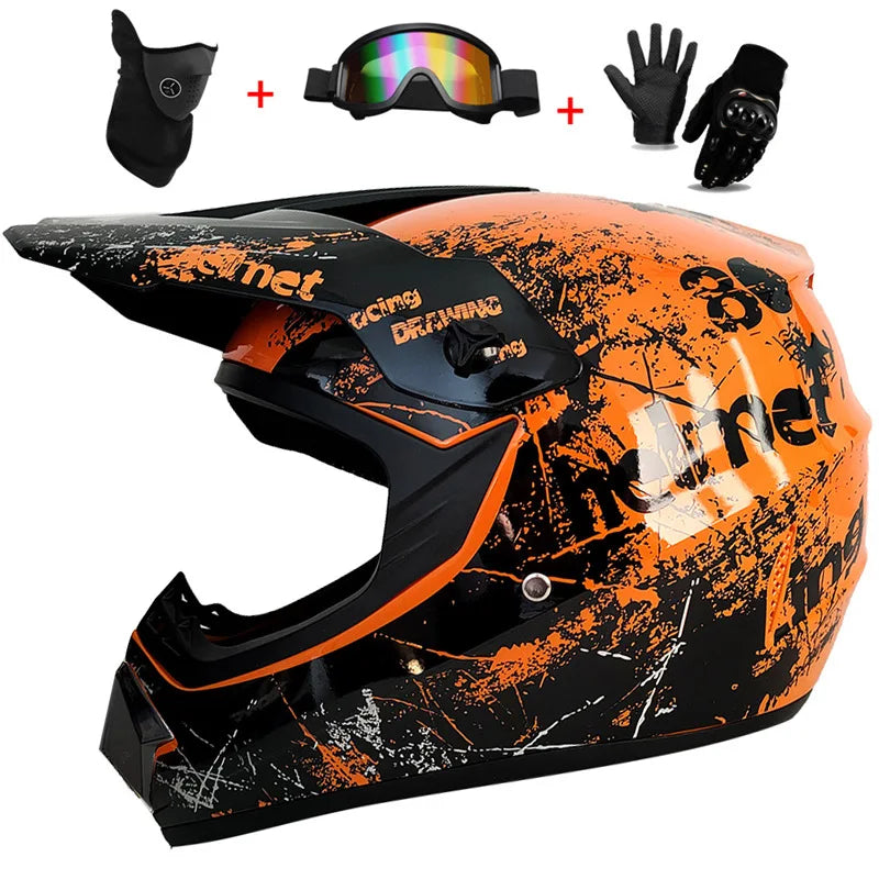 Kids Full Face Motorcycle Helmet, Youth Motocross Helmets, Off-Road Goggles, Cycling Protective Gloves