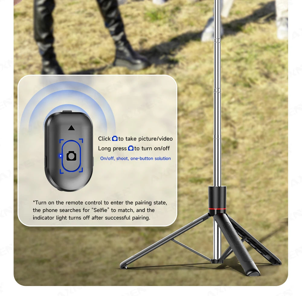 Perche à selfie trépied 1708mm avec télécommande Bluetooth — rotation 360°, interface 1/4", lumière optionnelle