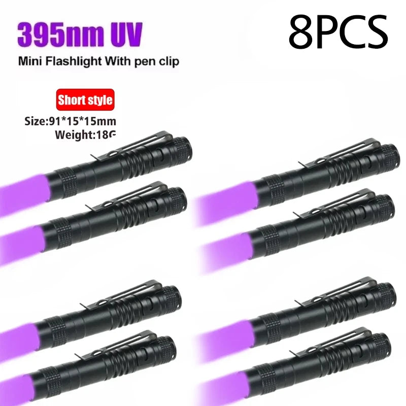 Linterna UV 395nm, antorcha ultravioleta con clip para bolígrafo, pilas AAA portátiles usadas, luz morada, detector de orina de mascotas y escorpiones, lámpara UV