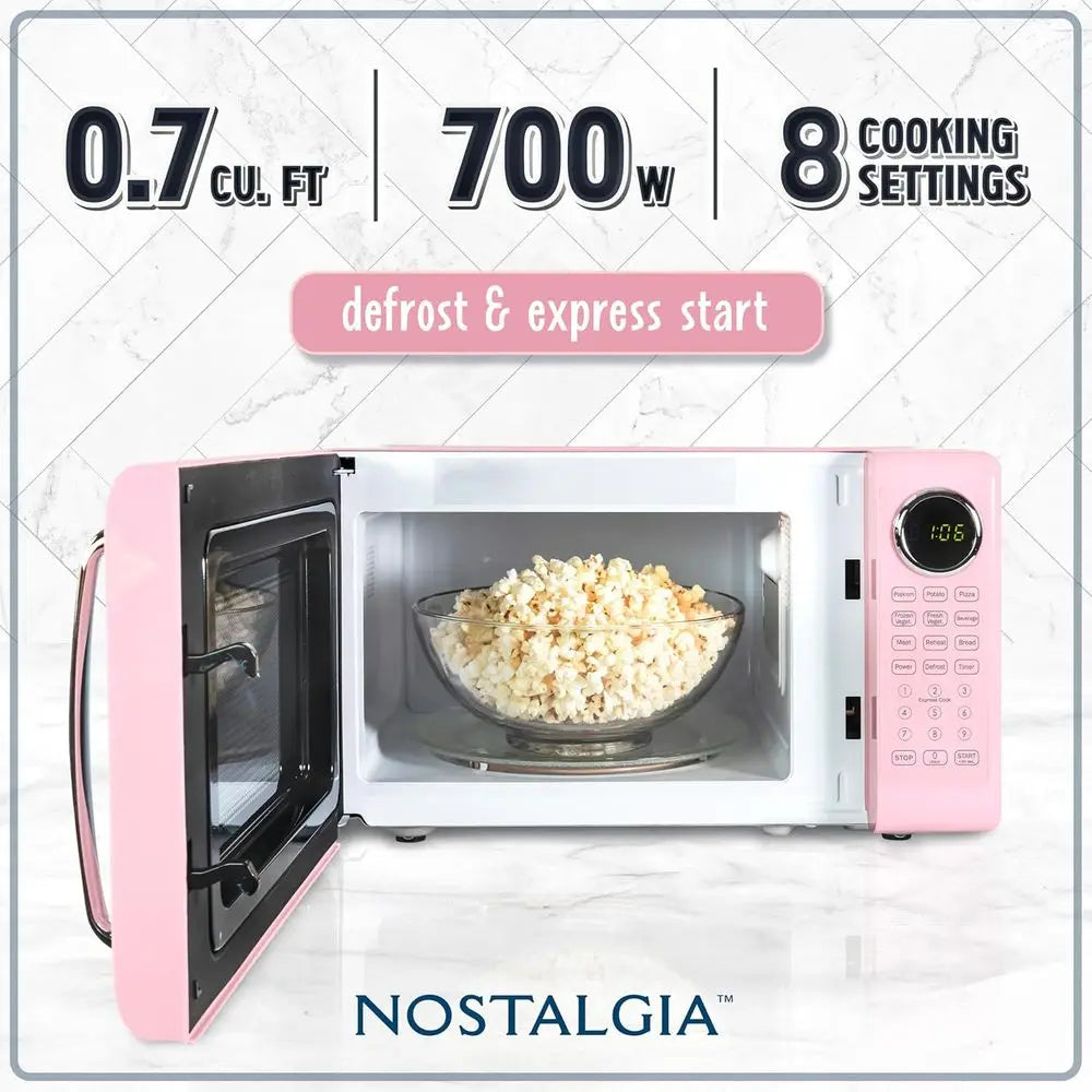 Microondas compacto de 0,7 pies cúbicos y 700 W con plato giratorio de vidrio, bloqueo de seguridad para niños, 8 programas de cocción automática, reloj digital - Rosa
