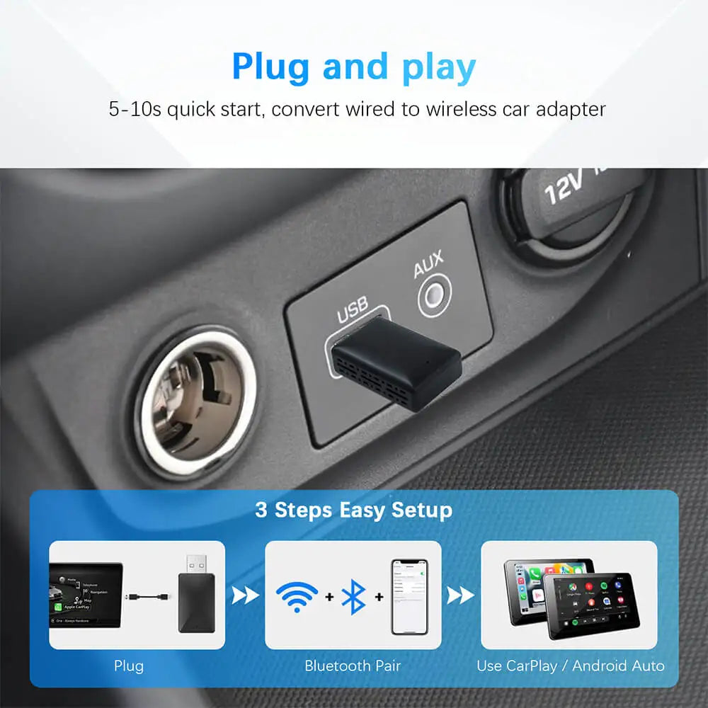 Wired to Wireless 2-in-1 Car Adapter CarPlay Android for OEM Car Radio with USB Plug and Play