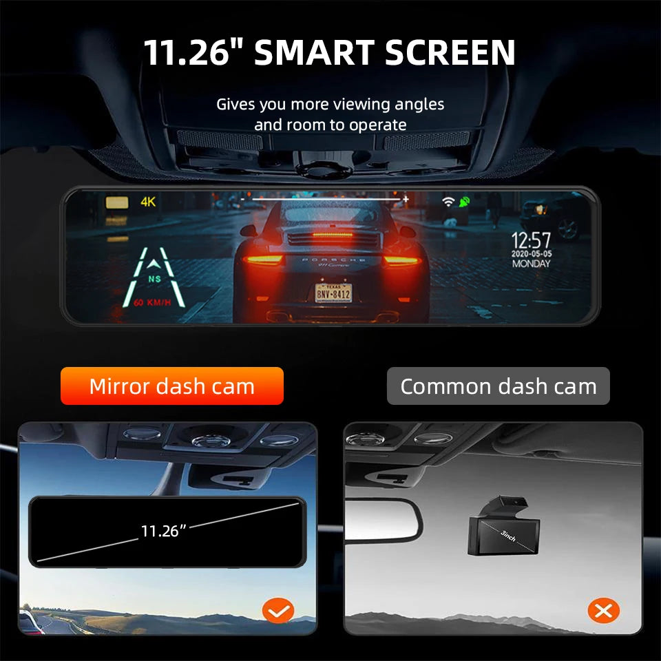 E-ACE A45P 4K WIFI GPS Coche DVR 12 Pulgadas Táctil IPS Pantalla Parque Retrovisor Opcional Cámara Trasera Dashcam Grabador de Vídeo