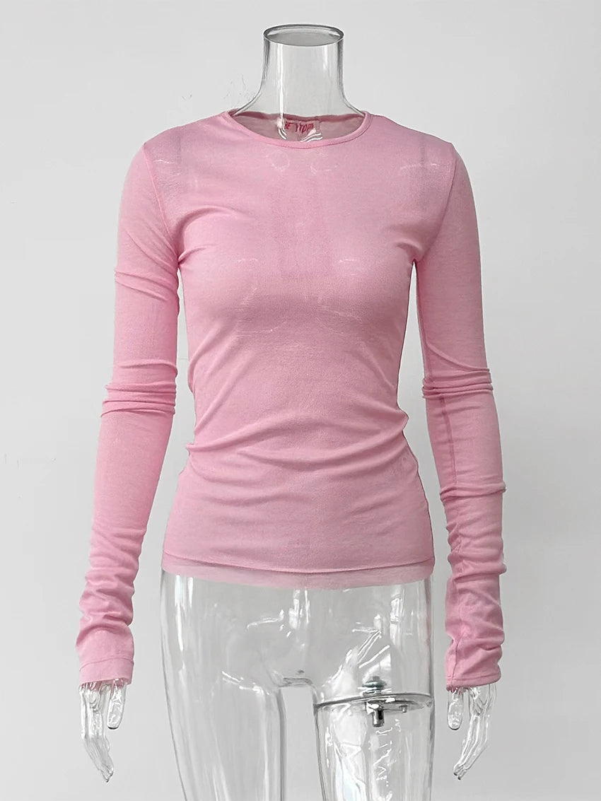 T-shirt femme mince marron 2026 — décontracté, col rond, manches longues, élégant, simple