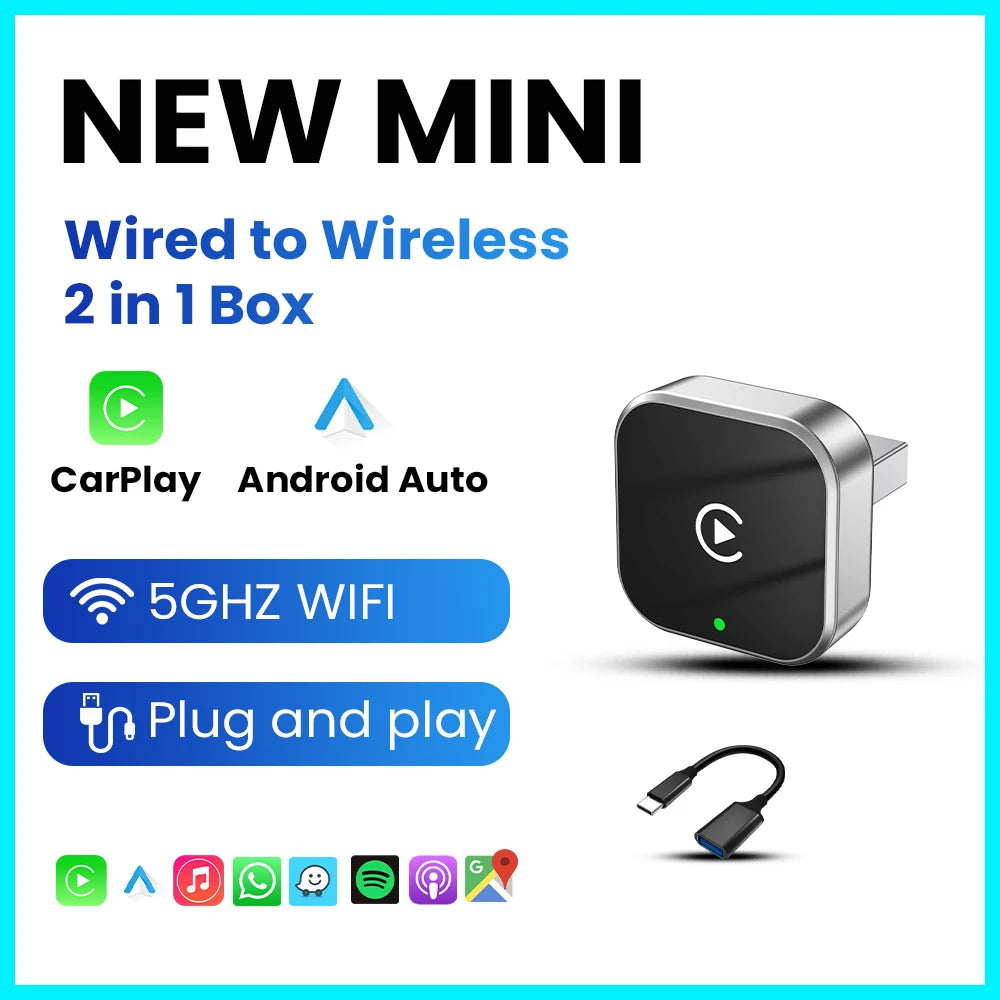 PLAYAIBOX Inalámbrico 2 en 1 CarPlay Android Auto Inalámbrico Supermini Box Adaptador Plug And Play Dongle Bluetooth WiFi Conexión Rápida