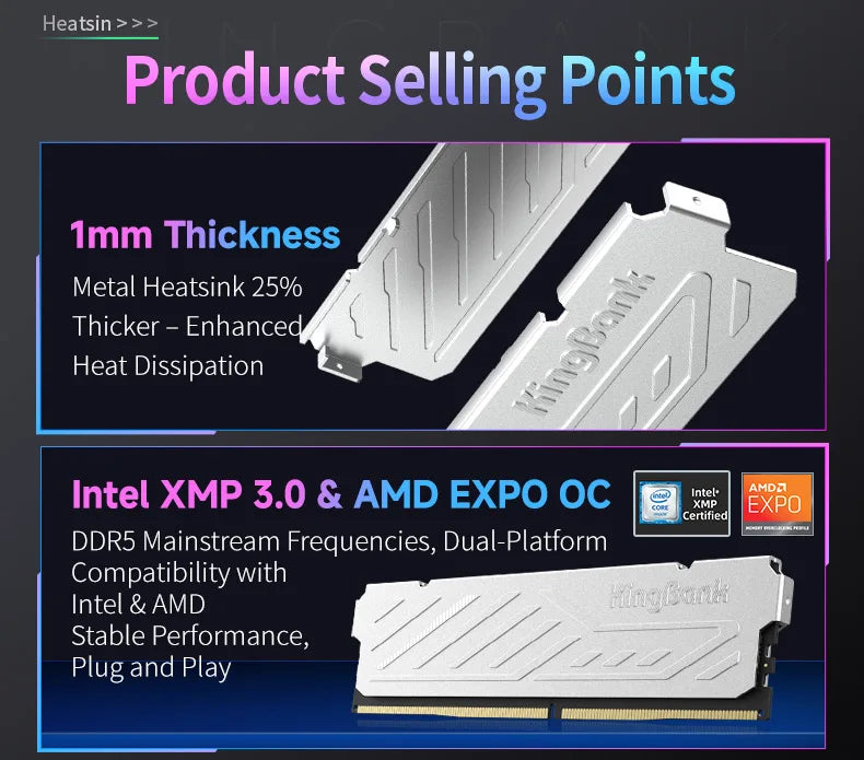 Mémoire RAM DDR5 KingBank 8 Go / 8 Go x 2 / 16 Go x 2 6000 MHz pour ordinateur de bureau CL36/CL30 XMP 3.0/AMD EXPO avec dissipateur thermique argenté