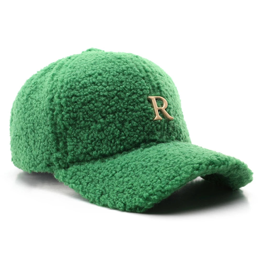 FS Luxury Brand Green Lambswool Baseball Caps for Men, Designer Cap with Golden Letters for Women, Winter Warm Trucker Hat, Women's Cap