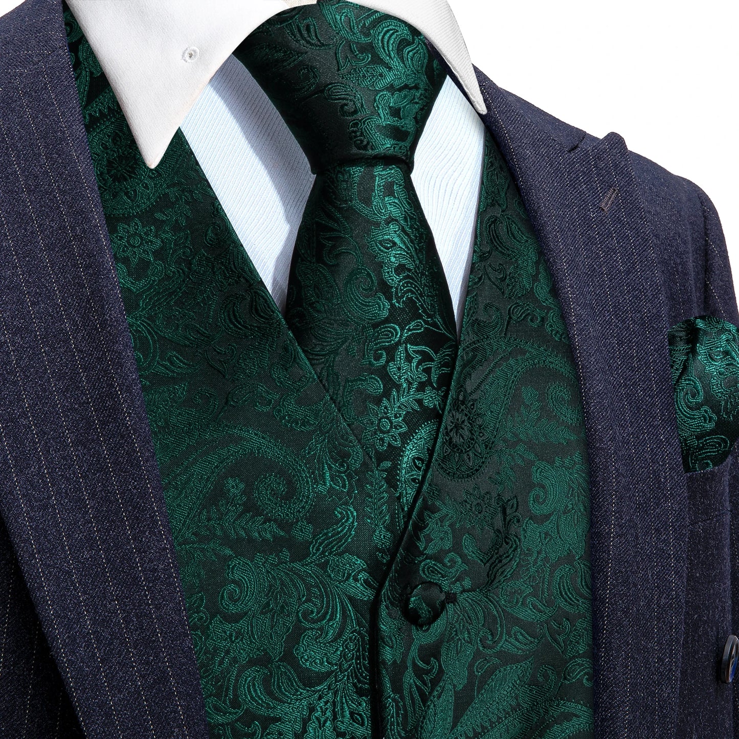 Gilet pour homme vert Paisley Floral slim — sans manches, formel, cravate, pochette assortie