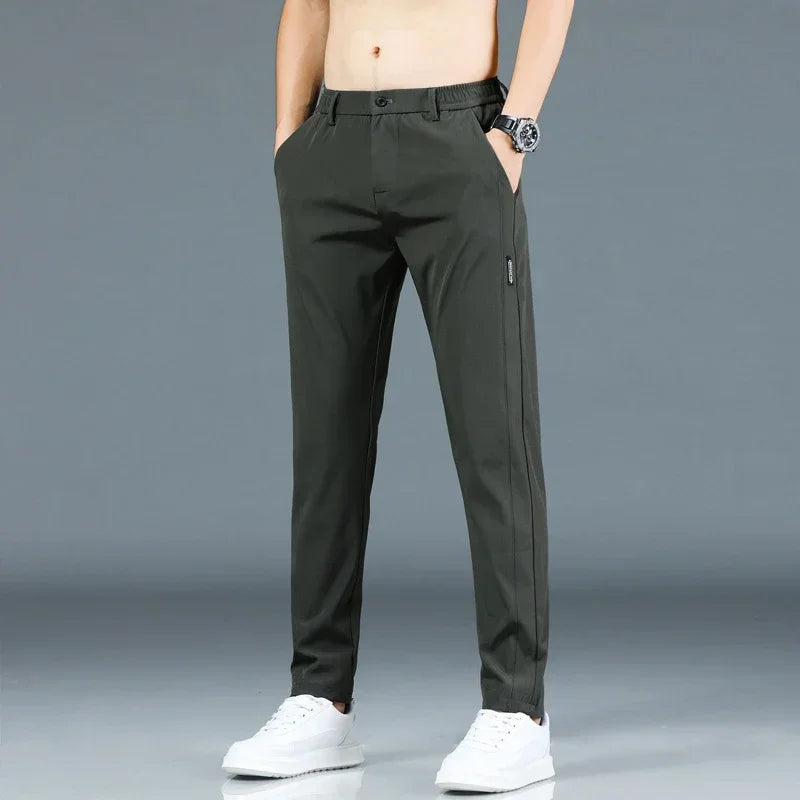 Pantalón fino de seda helada para hombre, elástico, informal, de cintura elástica, liso, ropa de marca, 5 colores, nueva colección de verano 2024