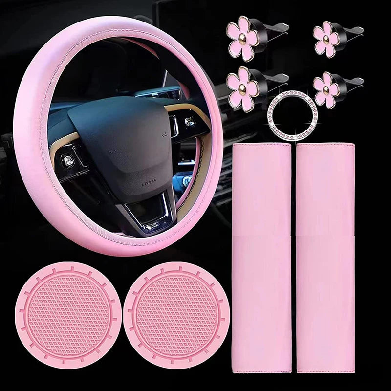 Housse Volant Cuir Femme 10 Pièces — Ensemble Accessoires Voiture Ceinture Porte-Gobelets
