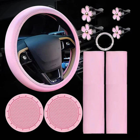 Housse Volant Cuir Femme 10 Pièces — Ensemble Accessoires Voiture Ceinture Porte-Gobelets