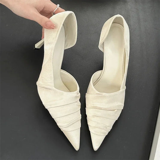 Aneikeh Elegant Pleated Satin Women's Slippers Pumps Fashion Pointed Toe Thin High Heels Mules Dance Banquet Shoes Chaussure Femme