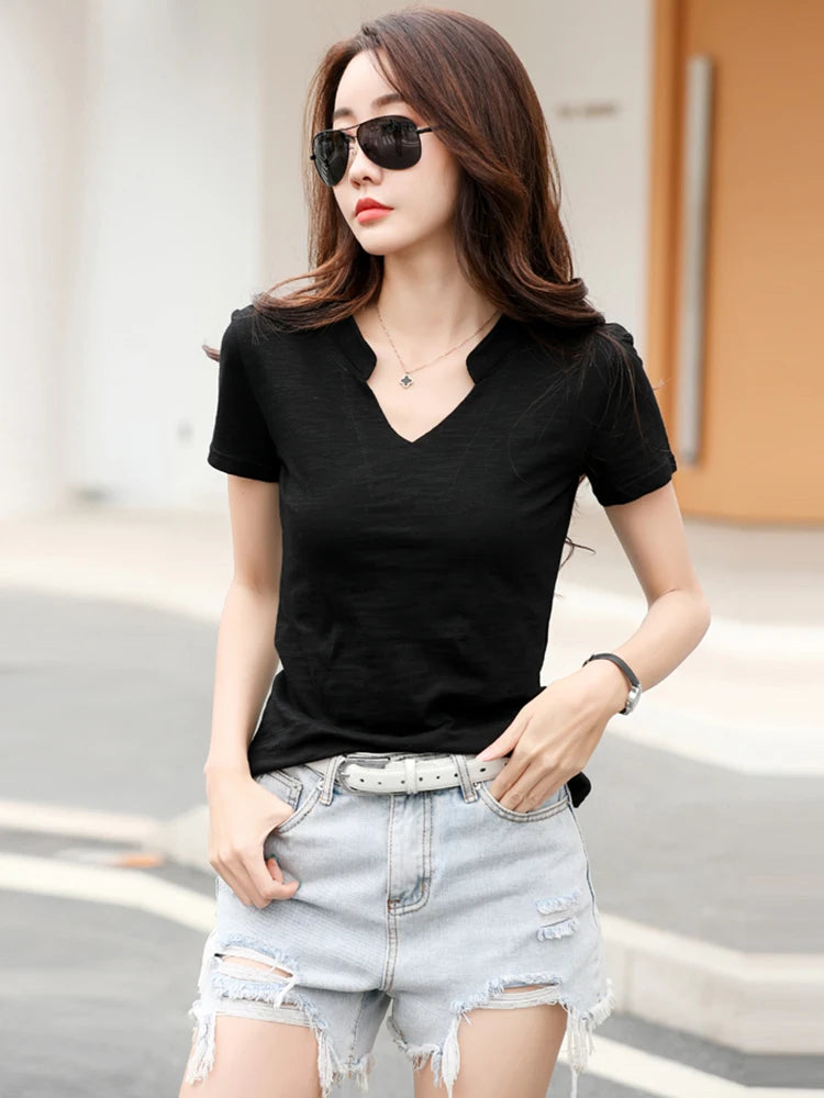 T-shirt en coton et bambou pour femme, col en V, doux, basique, classique, mode, tailles S-3XL, collection été 2026