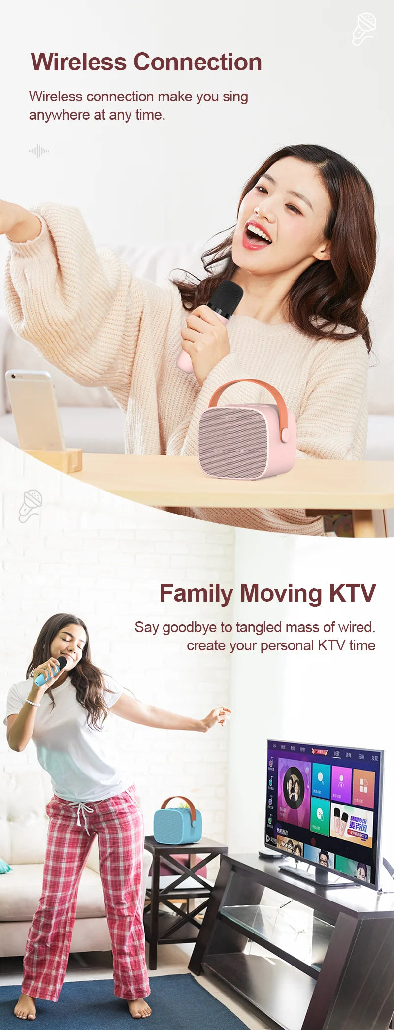 Altavoz Bluetooth inalámbrico Lenovo K1 con 2 micrófonos, máquina de karaoke con luz respiratoria para cantar en familia, regalos para niños
