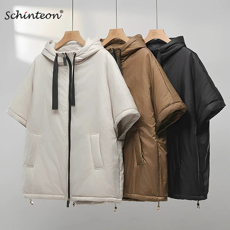 Chaleco de mujer Schinteon camel tipo capa de plumas con capucha holgado sin mangas, chaleco sólido de moda, chaqueta de otoño invierno 2025 nuevo